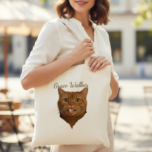 Funny Blep Cat Photo Personalized Name Canvas Tote Bag