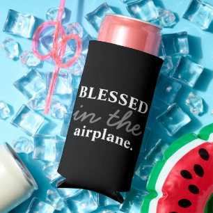 Funny "Blessed In The Airplane" Black and White Seltzer Can Cooler