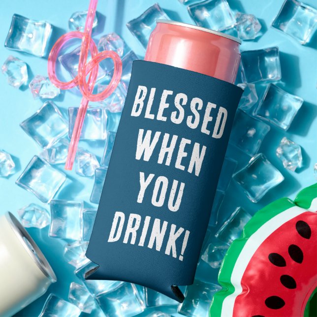 Funny Blessed When You Drink Blue & White Wedding Seltzer Can Cooler (In Situ Summer)