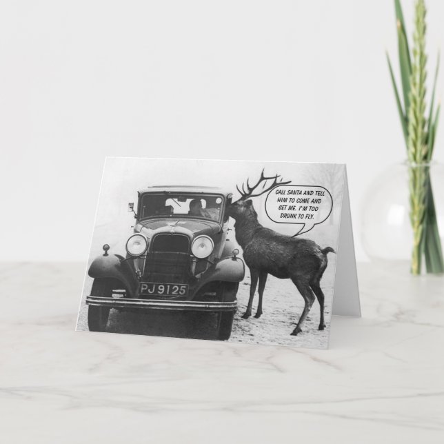 Funny Blitzen Falls Off the Wagon Christmas Holiday Card (Front)