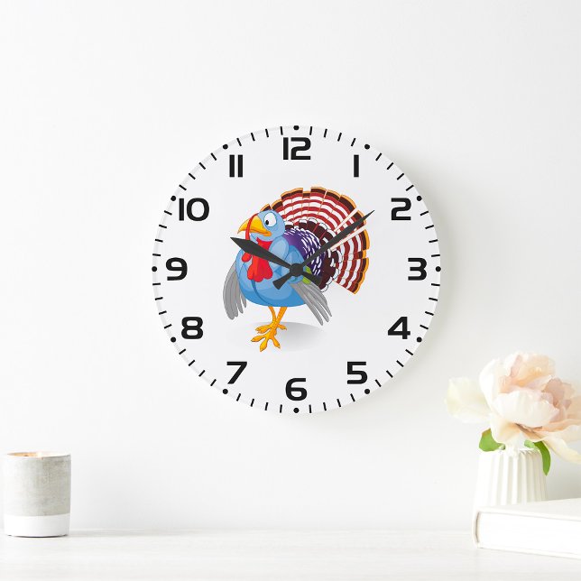 Funny Blue Cartoon Turkey with Patriotic Feathers  Large Clock (Creator Uploaded)