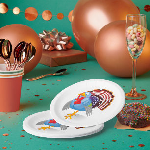 Funny Blue Cartoon Turkey with Patriotic Feathers  Paper Plate