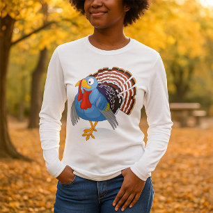Funny Blue Cartoon Turkey with Patriotic Feathers T-Shirt