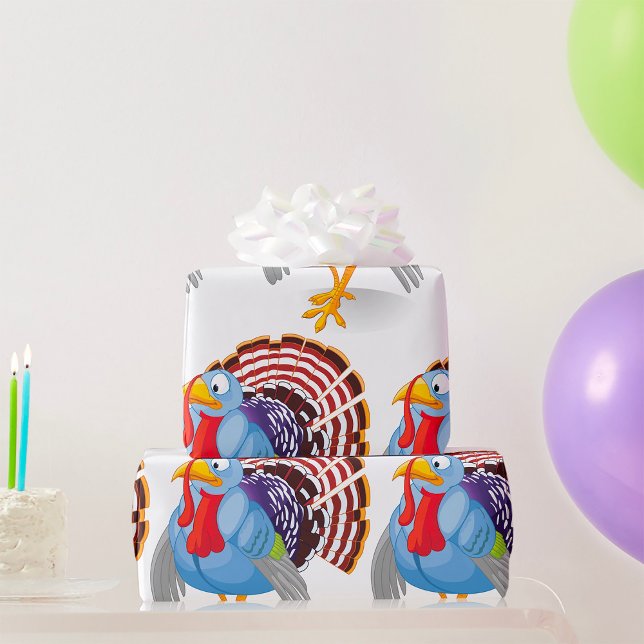 Funny Blue Cartoon Turkey with Patriotic Feathers  Wrapping Paper (Creator Uploaded)