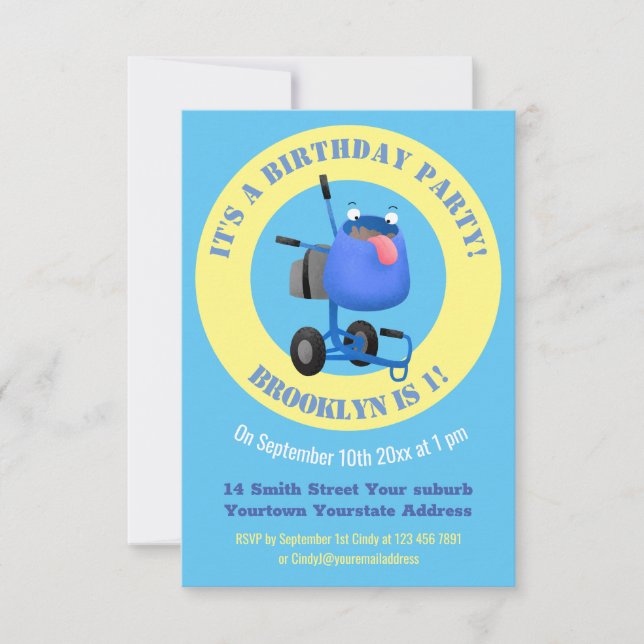 Funny blue cement mixer cartoon illustration invitation (Front)