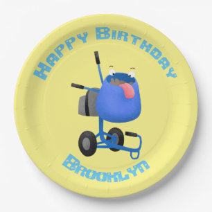 Funny blue cement mixer cartoon illustration paper plate