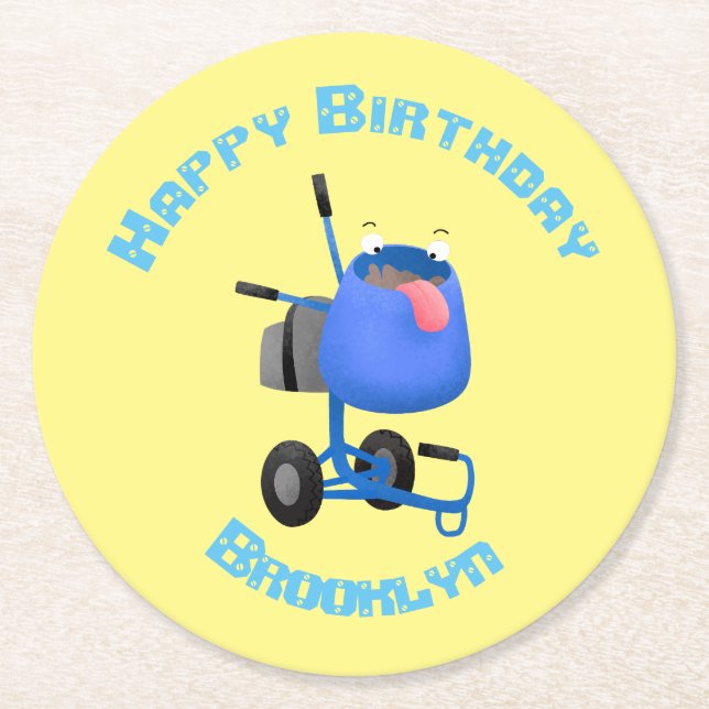 Funny blue cement mixer cartoon illustration round paper coaster (Front)