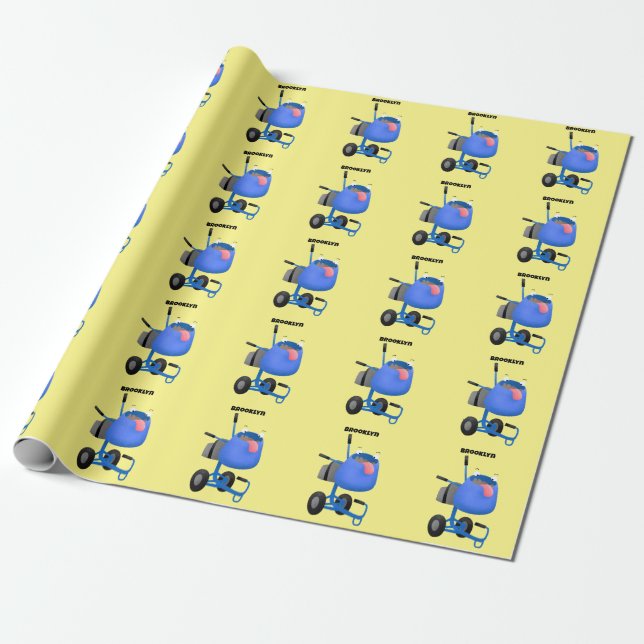 Funny blue cement mixer cartoon illustration wrapping paper (Unrolled)