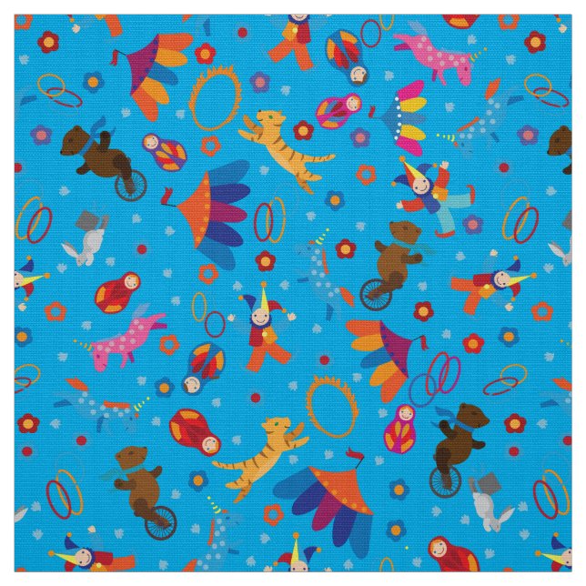 Funny blue circus cartoon animals pattern fabric (Swatch)