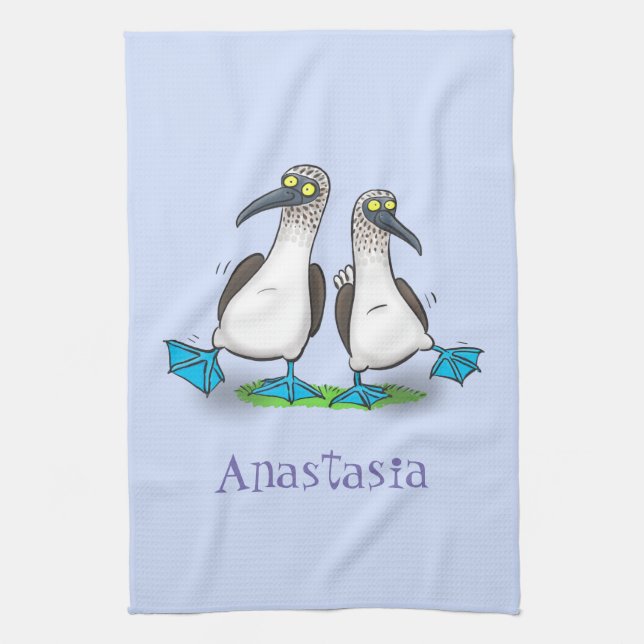 Funny blue footed boobies cartoon illustration kitchen towel (Vertical)