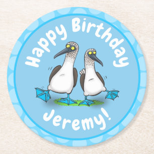 Funny blue footed boobies cartoon illustration round paper coaster
