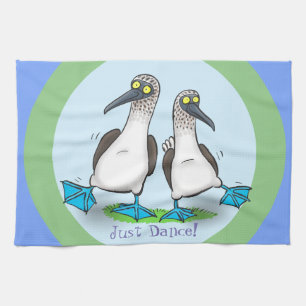 Funny blue footed boobies seabird dancing cartoon kitchen towel