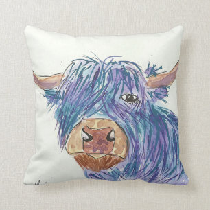 Funny Blue Highland Cow Throw Pillow
