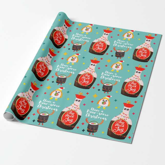 Funny Blue Kawaii Sushi Lover Merry Christmas Wrapping Paper (Unrolled)