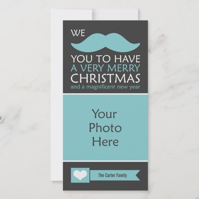 Funny Blue Moustache Christmas Photo Holiday Card (Front)
