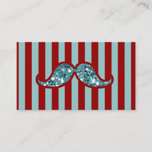 FUNNY BLUE MUSTACHE GLITTER RED STRIPES BUSINESS CARD
