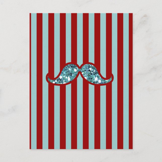 FUNNY BLUE MUSTACHE GLITTER RED STRIPES POSTCARD (Front)