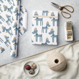 Funny Blue Reindeer Kids Christmas Wrapping Paper