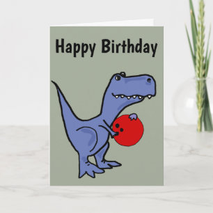 Funny Blue T-rex Dinosaur Bowling Cartoon Card