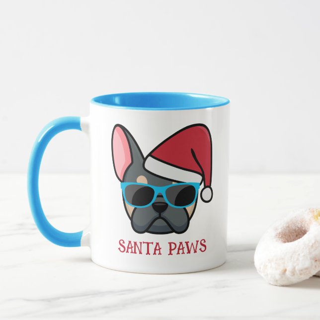 Funny Blue Tan Frenchie Santa Paws Christmas Mug (With Donut)