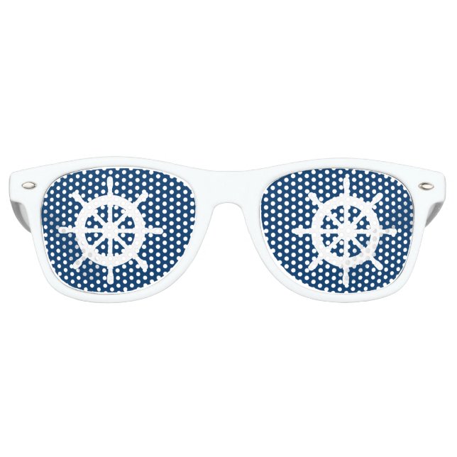 Funny blue white nautical ship wheel party shades (Front)