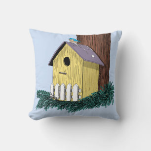 Funny Bluebird on Birdhouse Throw Pillow
