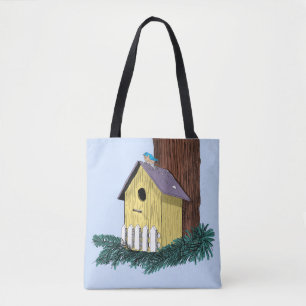 Funny Bluebird on Birdhouse Tote Bag