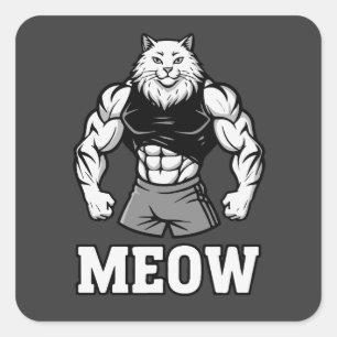 Funny bodybuilder cat showing off massive muscles square sticker