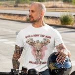 Funny Bodybuilder Posing Bald Head Humour T-Shirt<br><div class="desc">Unique,  trendy,  fashionable,  cute and funny shirt with image of extremely muscular bald bodybuilder,  and "With A Body Like Mine,  Who Needs Hair" quote. Fun and cool gift for the gym rat,  the fitness addict,  or weight lifter. Original and great present for dad's birthday,  Father's day,  Valentine's or Christmas.</div>