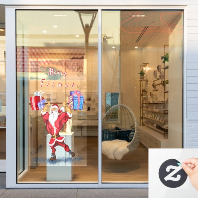 Funny Bodybuilder Santa Claus with Christmas Gifts Window Cling (Store Window)