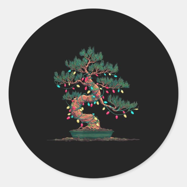 Funny Bonsai Tree Christmas Graphics Lights Lover  Classic Round Sticker (Front)
