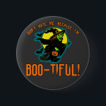 Funny Boo-tiful Witch Products 2 Inch Round Button<br><div class="desc">Funny! Don't hate me because I'm boo-tiful!  A hideously funny witch on a broomstick says it!  Spooky for Halloween!  Fully customizable too,  in case you want to add your own text,  change background colours,  or move elements around.  Make it yours,  make it unique,  make it scary!!</div>