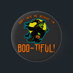 Funny Boo-tiful Witch Products 2 Inch Round Button<br><div class="desc">Funny! Don't hate me because I'm boo-tiful!  A hideously funny witch on a broomstick says it!  Spooky for Halloween!  Fully customizable too,  in case you want to add your own text,  change background colours,  or move elements around.  Make it yours,  make it unique,  make it scary!!</div>