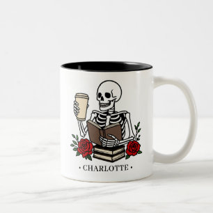 Funny Book and Coffee Loving Skeleton Floral Two-Tone Coffee Mug