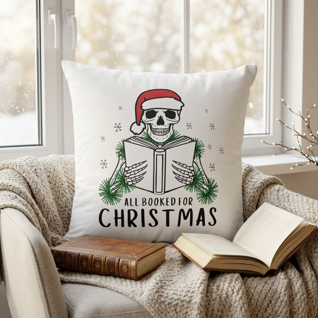 Funny Book Lover Christmas Reading Skeleton Throw Pillow (Creator Uploaded)