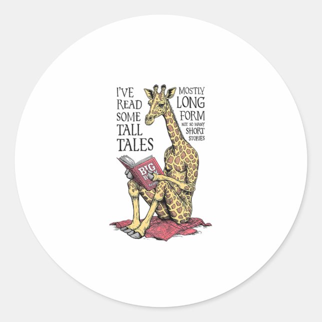 Funny Book Lover Giraffe Long Form Tall Tales Read Classic Round Sticker (Front)