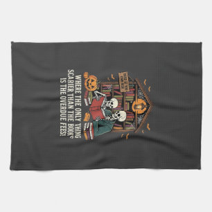 Funny Book Lover Halloween Skeleton Library Design Kitchen Towel