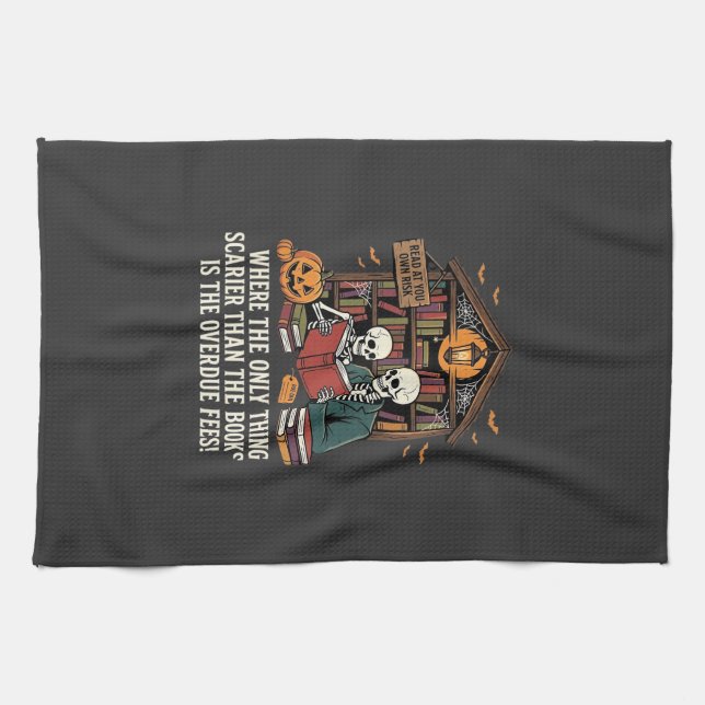 Funny Book Lover Halloween Skeleton Library Design Kitchen Towel (Horizontal)