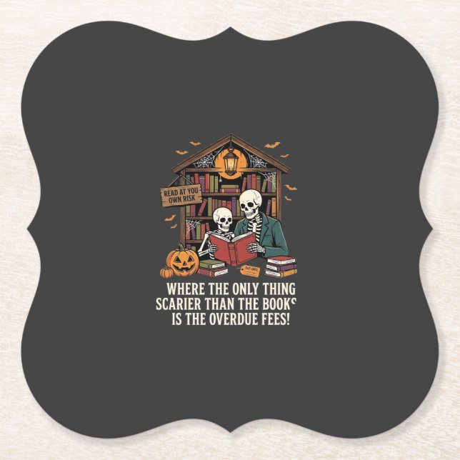 Funny Book Lover Halloween Skeleton Library Design Paper Coaster (Front)