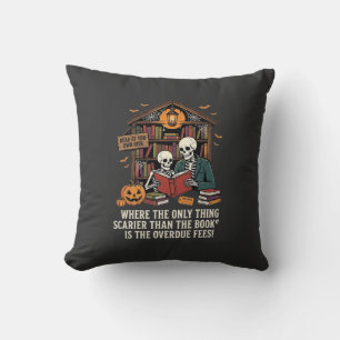 Funny Book Lover Halloween Skeleton Library Design Throw Pillow
