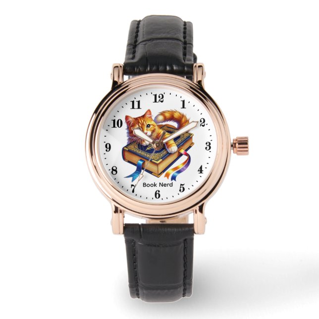 Funny book nerd cat customizable watch (Front)