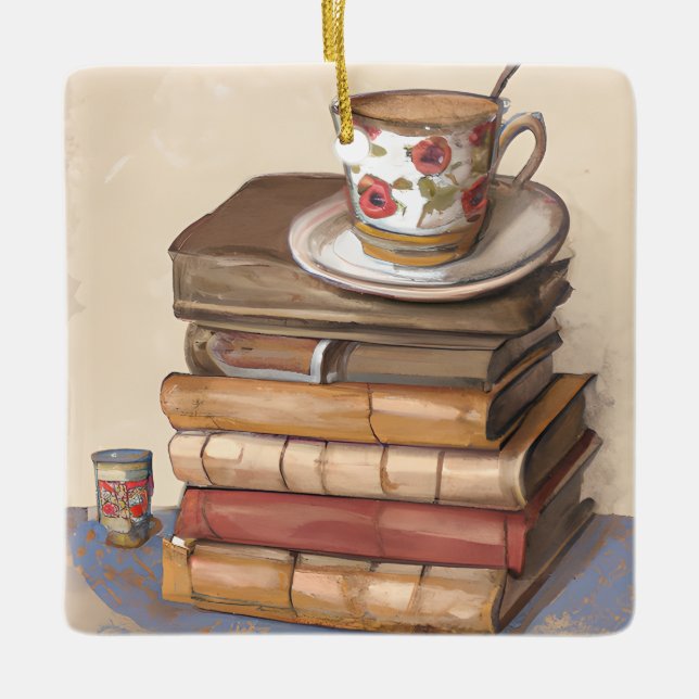 Funny Book Pun | Books and Coffee Christmas Ceramic Ornament (Front)