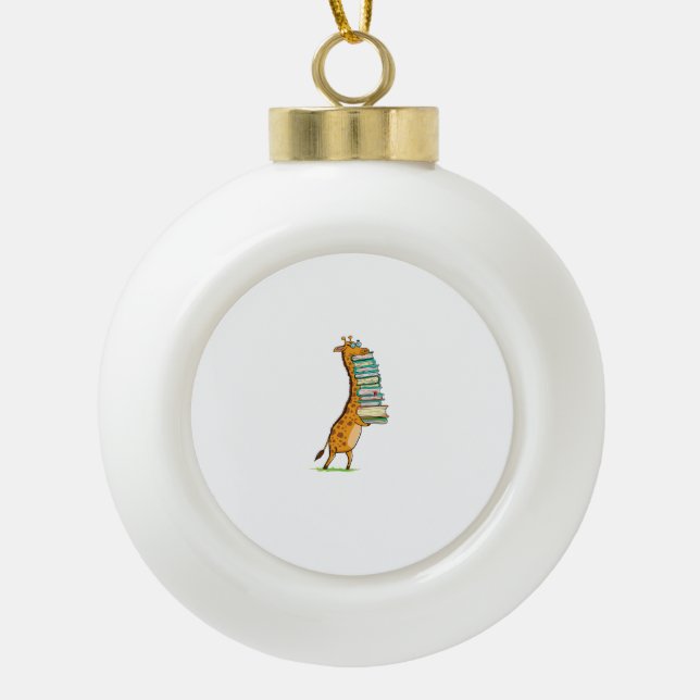 Funny Book Reading Giraffe I Love My Library   Ceramic Ball Christmas Ornament (Front)