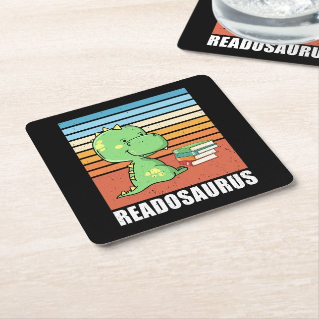 Funny Book Readosaurus Dinosaur Reading Dino Retro Square Paper Coaster (Angled)