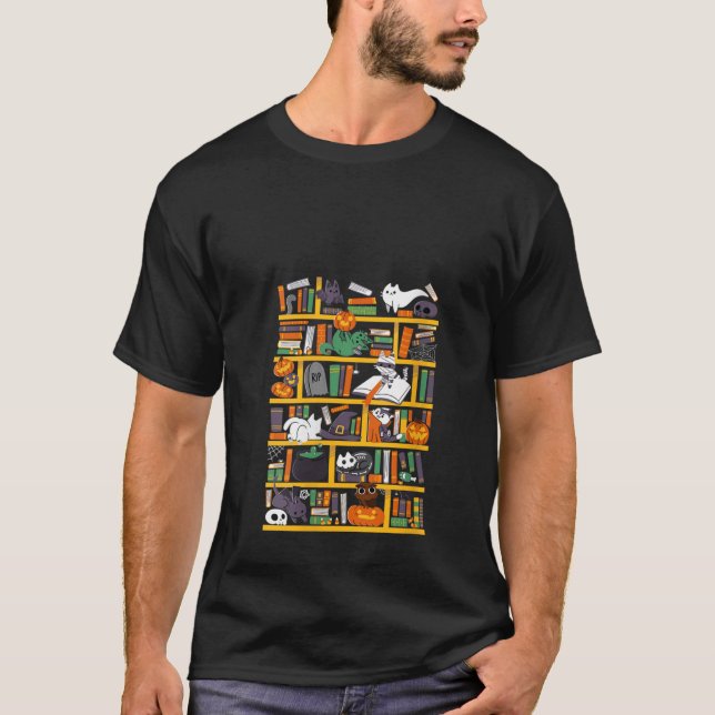 Funny Bookshelf Librarian Pumpkin Halloween Spooky T-Shirt (Front)