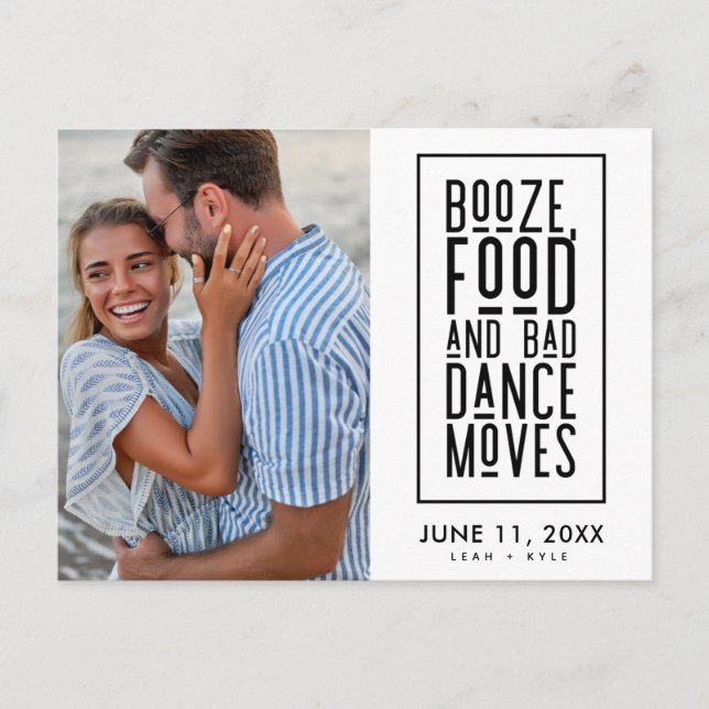 Funny Booze, Food, Bad Dance Moves Save the Date Announcement Postcard (Front)