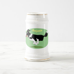 Funny Border Collie dog running cartoon Beer Stein