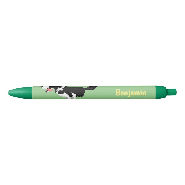 Funny Border Collie dog running cartoon Black Ink Pen (Front)