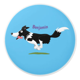 Funny Border Collie dog running cartoon Ceramic Knob