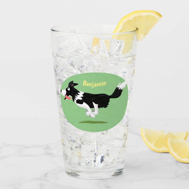 Funny Border Collie dog running cartoon  Glass (Back Ice)